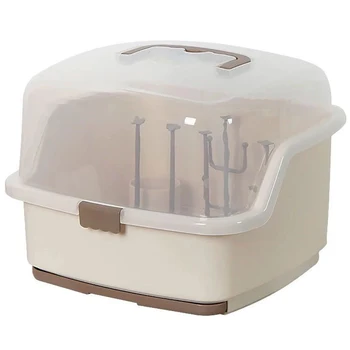 

Anti Dust Baby Bottles Storage Box Drying Rack Tableware Dry Case Cleaning Dryer Drainer Storage Container-Khaki