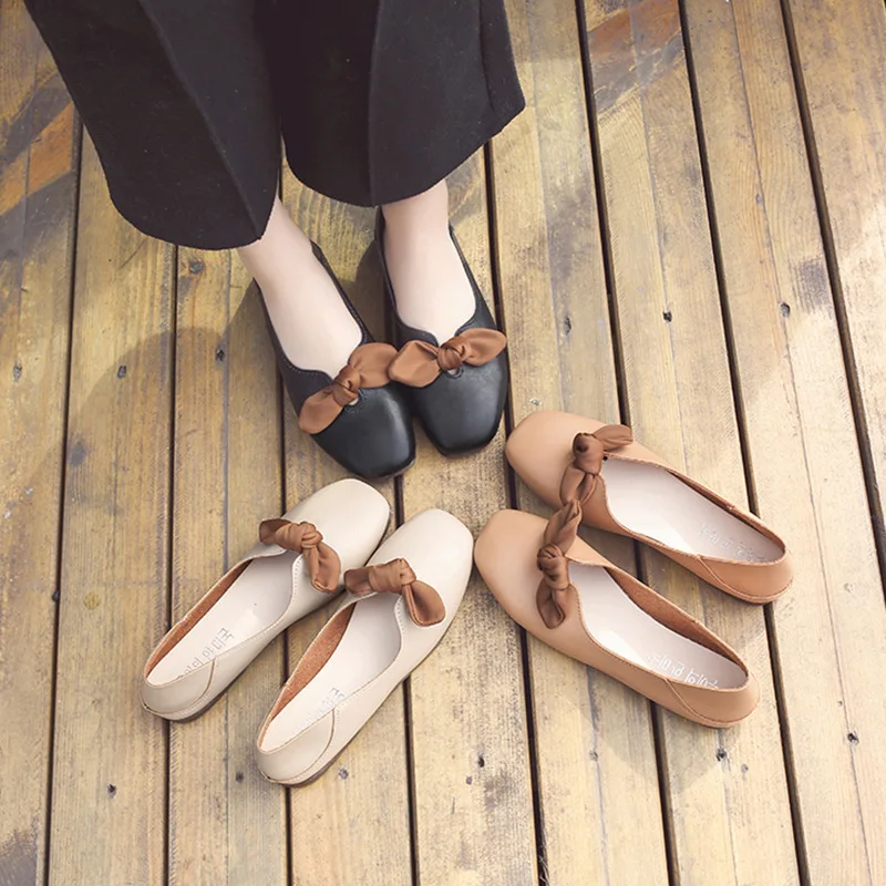 

Shoes Women's Chunky-Heel Korean-style Slip-on Versatile 2019 Spring New Style Low-Cut Flat Comfortable Bow Grandma Shoes