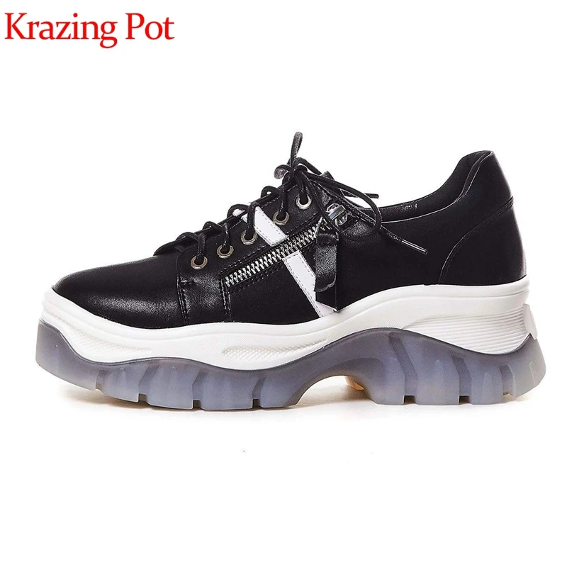 

Krazing pot full grain leather platform zip decoration round toe thick bottom leisure handsome punk style vulcanized shoes L1f1