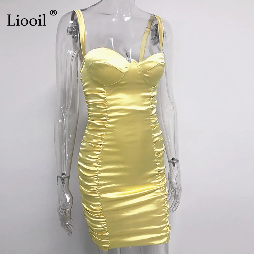 Liooil белый сексуальный Ruched Bodycon мини-платье без рукавов без бретелек эластичная бесшовная плотно прилегающая юбка платья женские вечерние ночной клуб