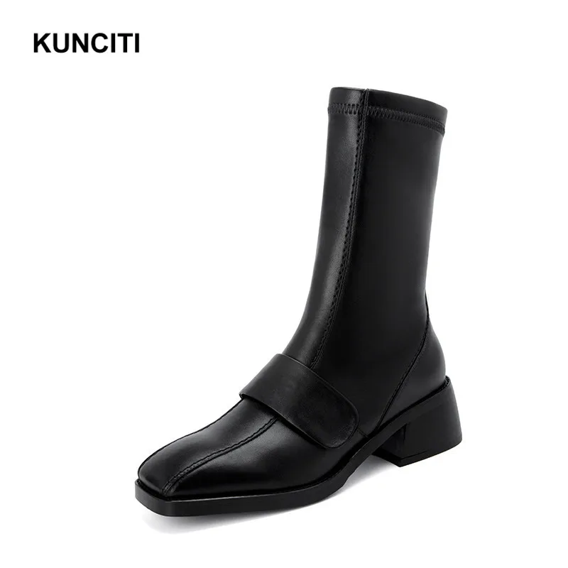 KUNCITI/ Модные женские ботинки с квадратным носком; женская обувь до середины икры; полусапожки на среднем каблуке в европейском стиле; новейшая модель; D9158