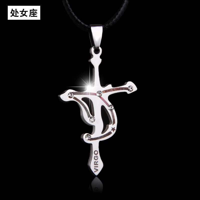 

12 Constellation 316L Titanium Steel Cross English Lettered Necklace Classic Men Virgo Stainless Steel Pendant Pendant