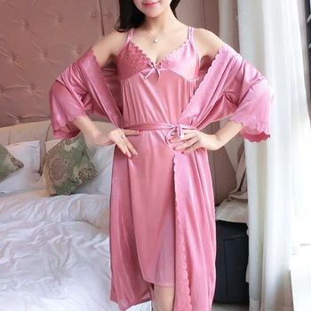 

Women's Sexy Pajamas Two-Piece Lace Ice Silk Satin Night Dress Nightgown Homewear Summer Solid Color Sleepwear