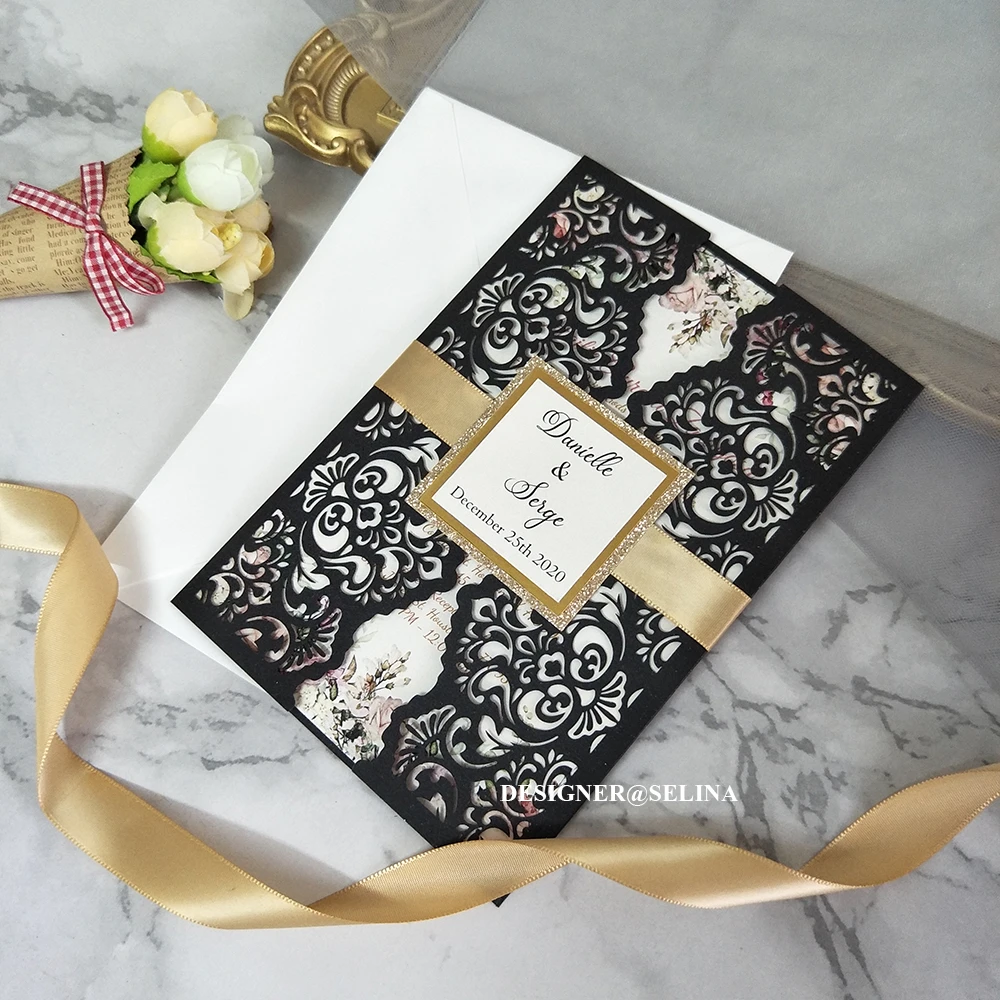 50X Black Wedding Invitation With Ribbon And Glittery Metallic Label  Personalized Printing DIY Union Party Greeting Cards|Cards & Invitations| -  AliExpress