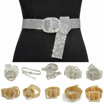 

Super Shine Women Rhinestone Belt Thin Wide Silver Bling Bride Wedding Crystal Chain Belts Lady Gold Diamond Waistbands Female
