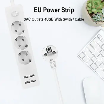 

EU Plug USB Power Strip 3 Ports With 4 USB 2 Quick Charge 2.4A Power Strip Wall Socket 1.8m Extension Cable For Home Office