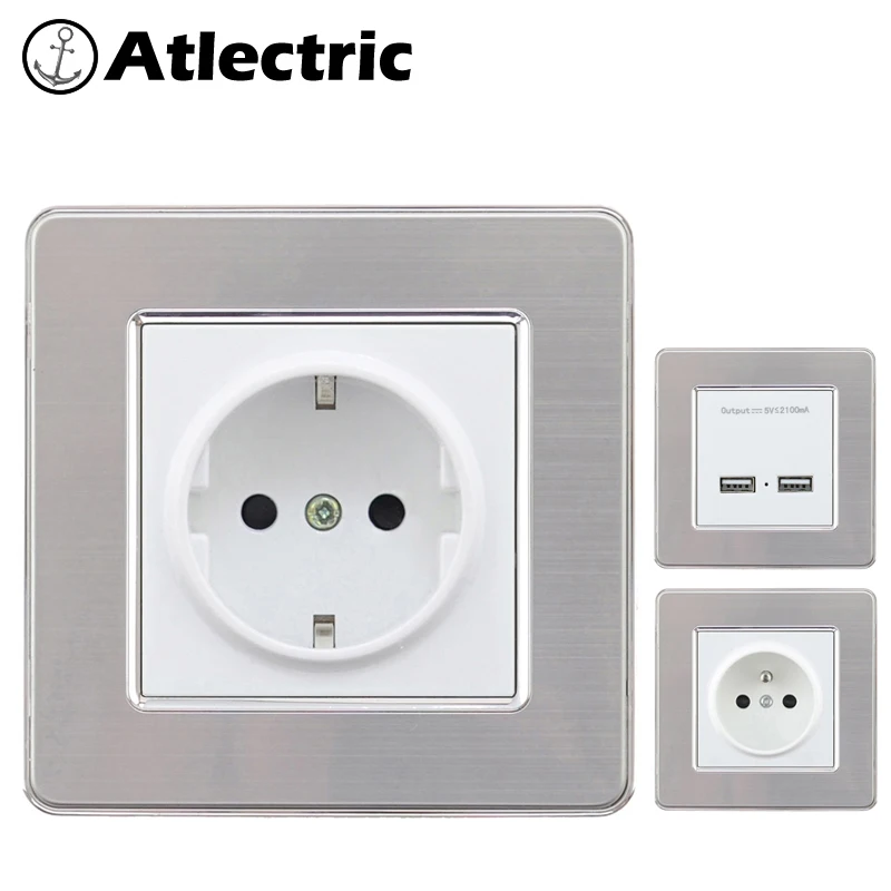 

Atlectric EU FR Standard Wall Power Socket Dual USB Port Socket Power Adapter For Mobile Stainless Steel Panel Outlet Plug