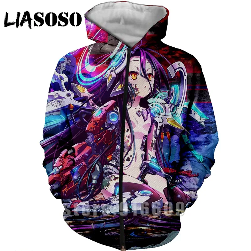 LIASOSO, аниме, 3d принт, хип-хоп, для мужчин, для покера, для женщин, без игры, без жизни, модные, Harajuku, футболки, Забавные Рубашки, homme ZipHoodie, пуловер