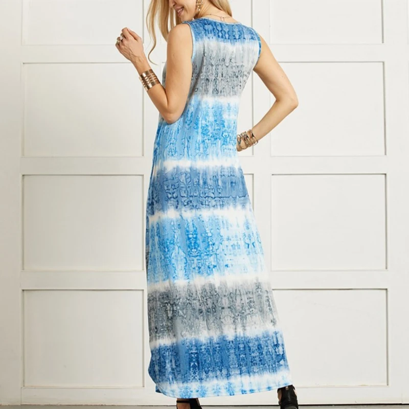 Vintage Sexy Tie Dye Print Slit Irregular V Neck Sleeveless Midi Dress
