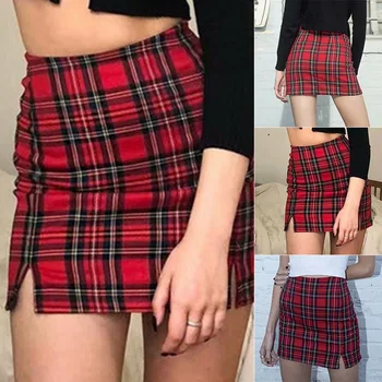 

Mini Skirts Womens Fashion 2020 Sexy Summer Front Slits With Lined Plaid Skirt Harajuku High Waist Hips Femme Clothes