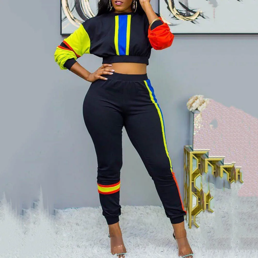 

Women Tracksuit 2019 Striped Sportswear Two Piece Set Oversize Short Hoodie Sweatshirt Casual Pants Sweatsuit Jogger Suit 2XL