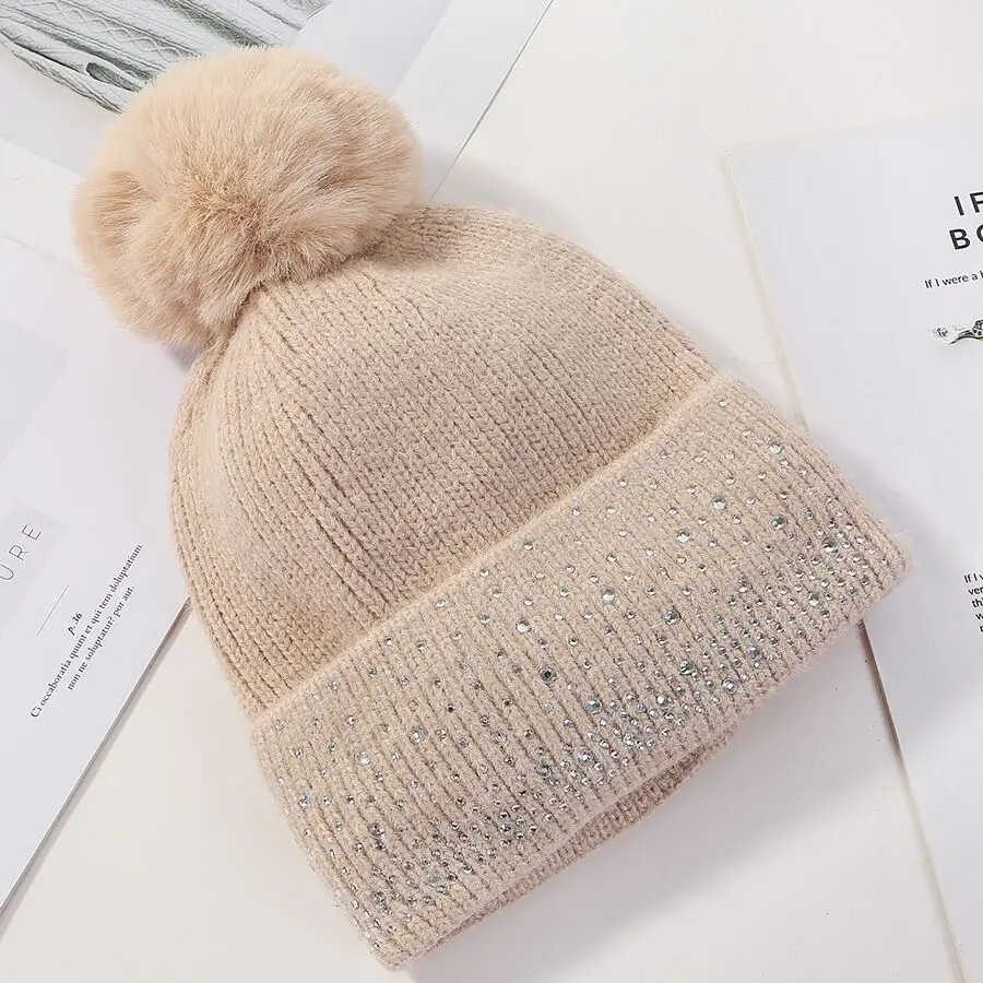 Модные зимние вязаные шапки бини, женские плотные теплые шапки Skullies, женская вязаная шапка, шапка бини, уличные шапки с помпоном - Цвет: Бежевый