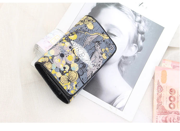 Thailand Authentic Stingray Leather Women's Card Holders Genuine Skate Skin Lady Small Trifold Wallet Female Short Clutch Purse