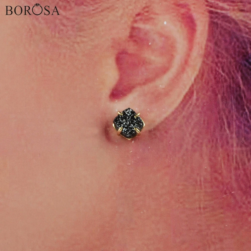 BOROSA 5 пар Позолоченные квадратные 8 мм натуральные Агаты титановые черные серьги-гвоздики Druzy высокое качество серьги Drusy Ювелирные изделия ZG0429