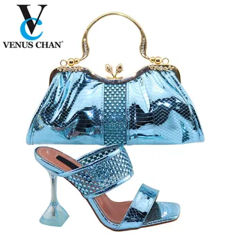 

Sky Blue Nice Design Italian Rhinestone Shoes With Matching Bags Latest African Women Pointed Toe Slipper and Bags Set