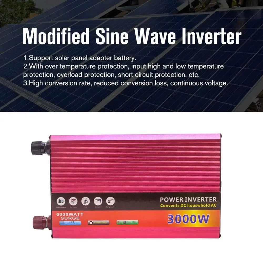 Модифицированный синусоидный инвертор DC 12 V/24 V к переменному току 220V 3000W с универсальным гнездом USB Порты и разъёмы для автомобиля на солнечной батарее Мощность инвертор