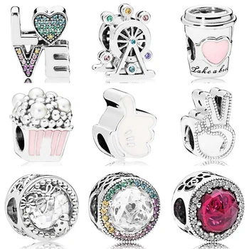 

QANDOCCI Rainbow Love Ferris Wheel Delicious Popcorn Glove Drink To Go Charm Fit Pandora Bracelet 925 Sterling Silver Jewelry