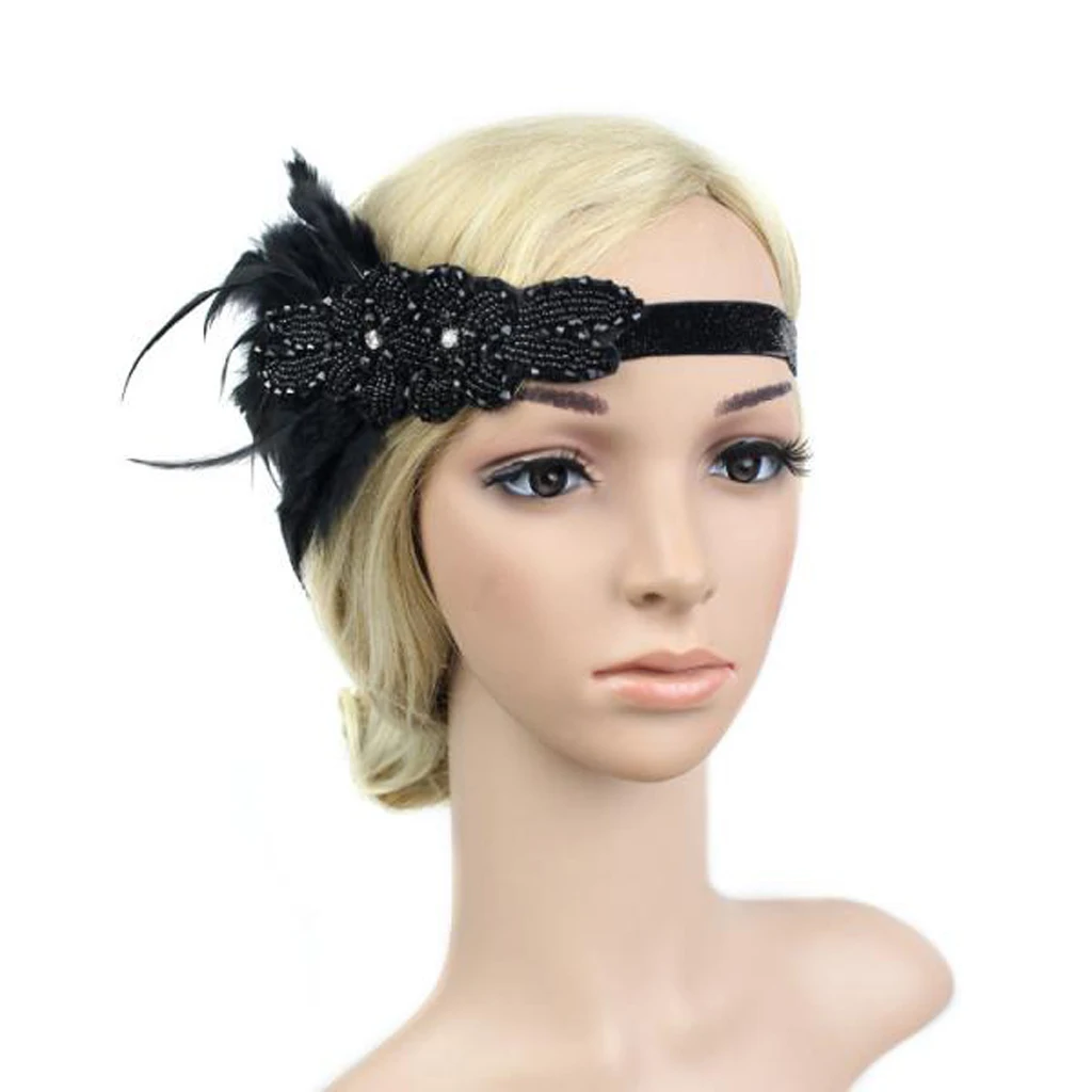Charleston Style Black Feather  Rhinestone Hair Flower Headband Bridal For Bride