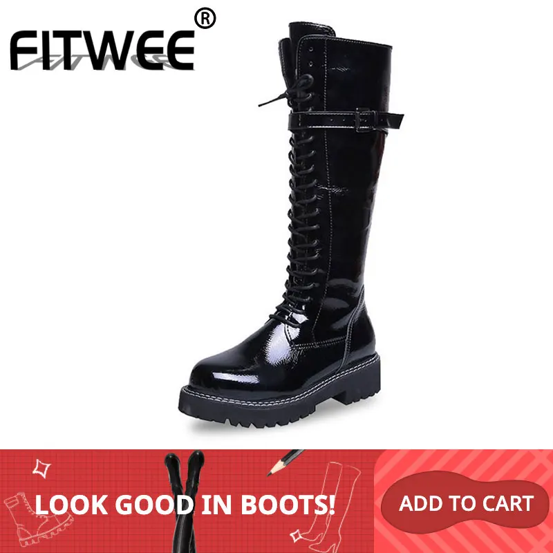 

FITWEE Pu Leather Woman Knight Boots Flats Round Toe Zipper Knee High Boots Sexy Office Ladies Fashion Botas Size 35-39
