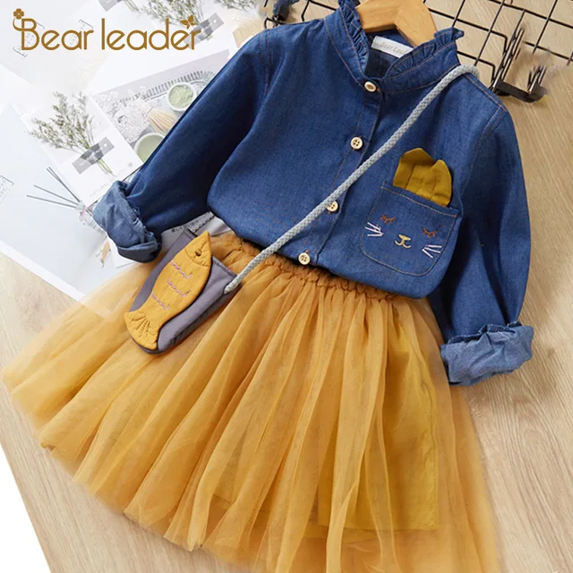Bear leader/платье для девочек; Новинка; весенние нарядные платья для девочек; Повседневная джинсовая пряжа; платье принцессы с поясом в горошек; детская одежда - Цвет: yellow an172