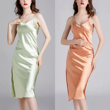 

Summer Silk Thin Sexy Strapless Women Nightdress Lace V-neck Mid-length Sleepdress Nightgown