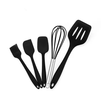 

Kitchen Silicone Cooking Tool Set Spatula Shovel Egg Beater Brush Cooking Utensils Black Red Hangable Cookware 5pcs