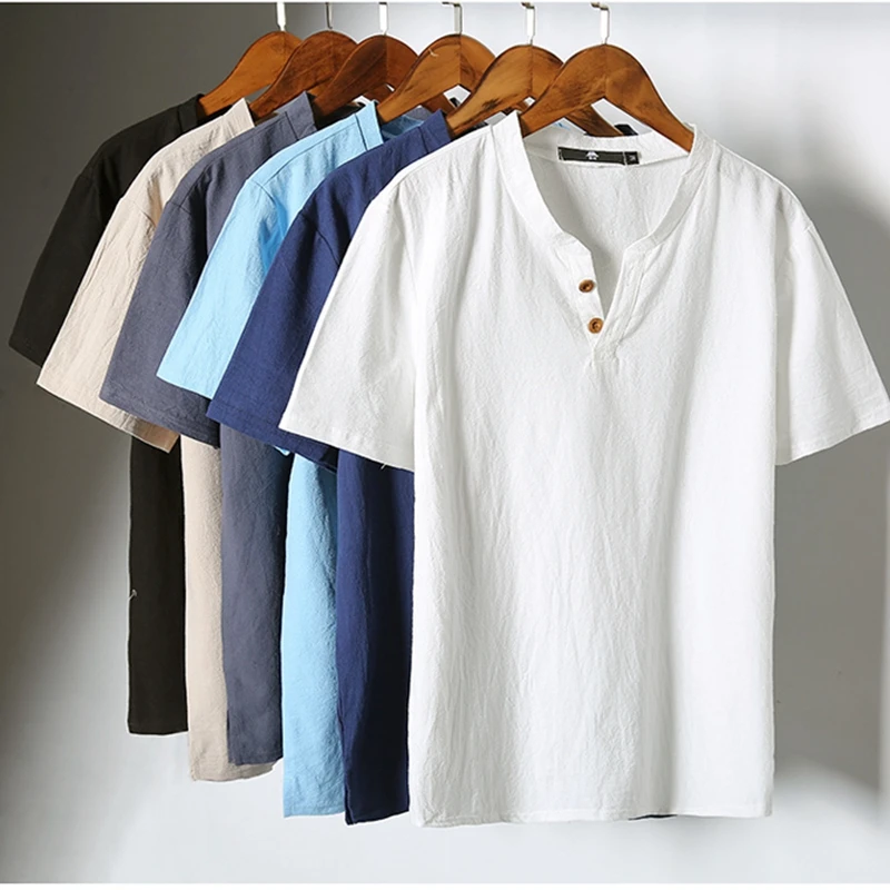 

MJARTORIA 3XL Men Cotton Linen T-shirt Man 2019 Summer Solid Casual T-shirts Men T Shirts Male V-Neck Short Sleeve Tees