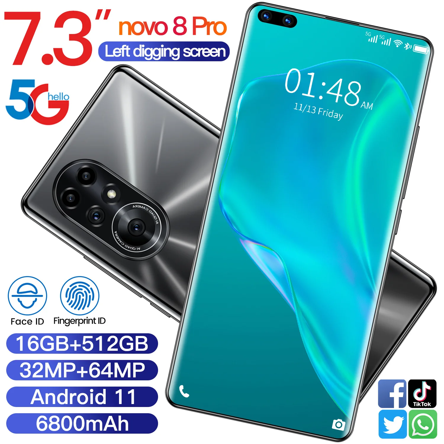 Teléfono Móvil 8 Pro, nuevo, 5G, 16GB, 512GB, 7,3 pulgadas, Android 11, 6800mAh, cámara de 32MP + 64MP, Pantalla Completa, Deca Core, LTE
