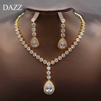

Dazz Luxury Gold Fine CZ Zircon Dangle Necklace Earrings Jewelry Sets Elegant Women Party Wedding Naija Bridal Dress Accessories