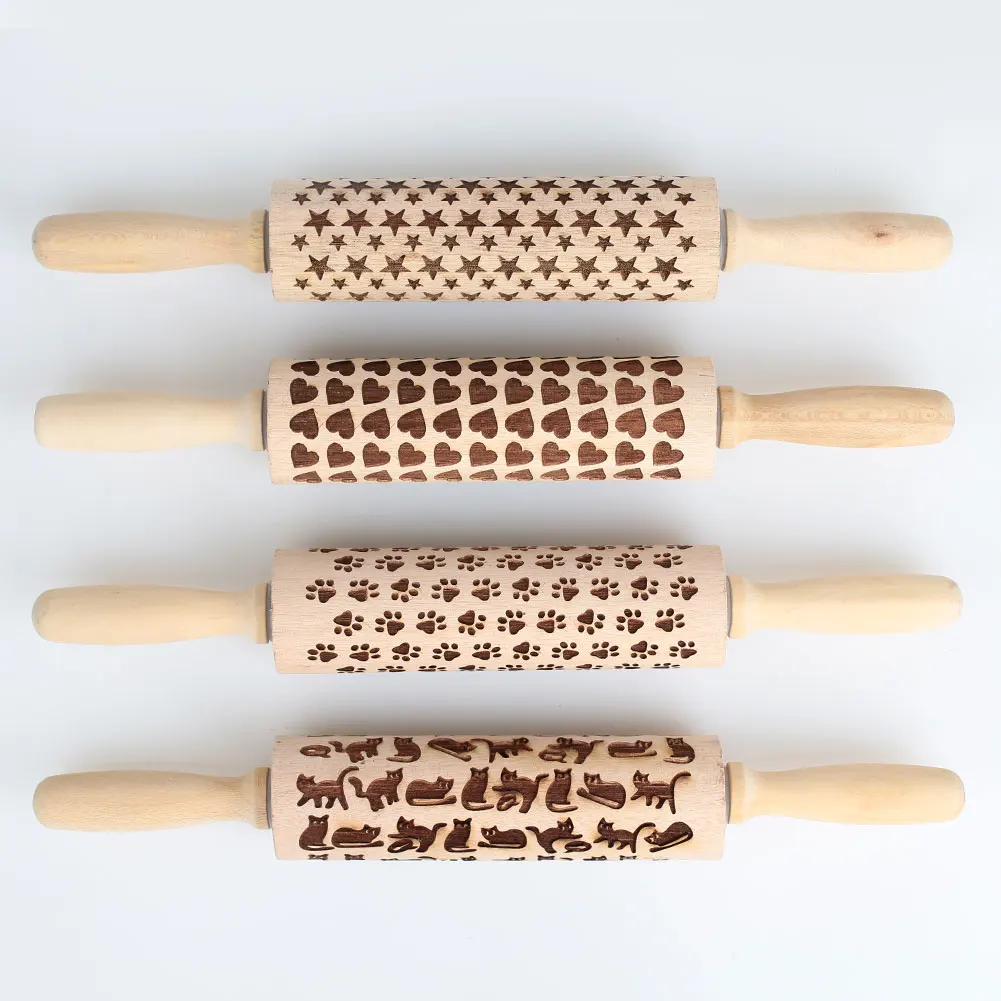 Wood Rolling Pin Cake Party Cookies Christmas Dough Roller Bakng Mold Tool Gingerbread DIY Beautiful Carving Kitchen