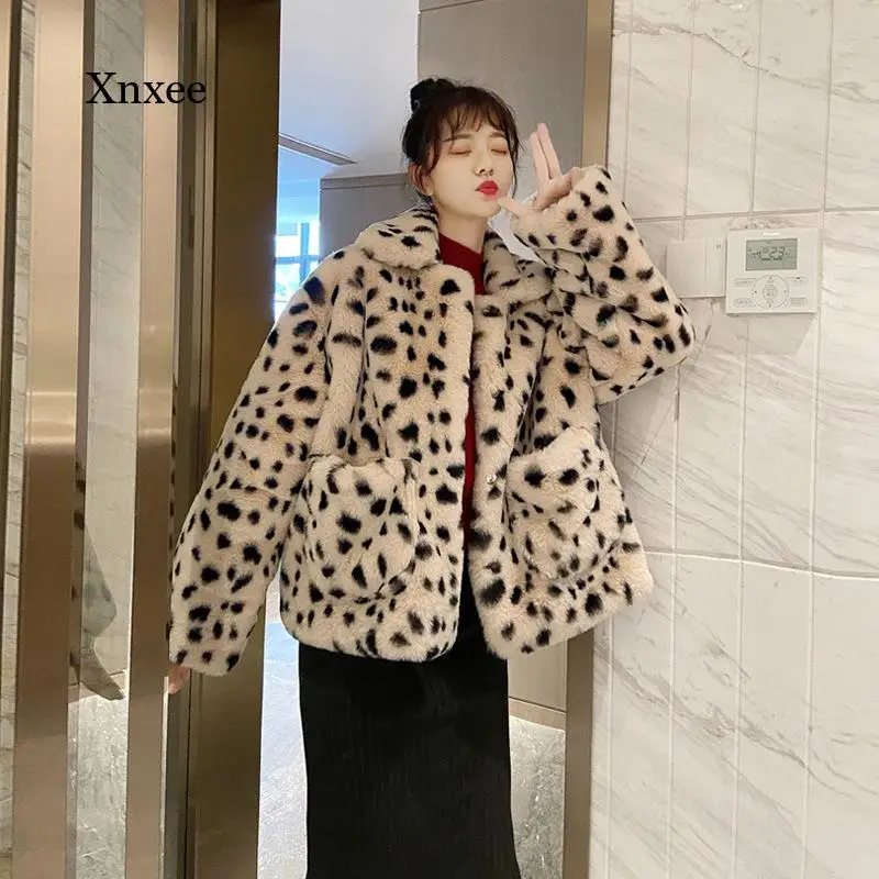 Chaqueta de Pelo Corto con de leopardo para mujer, abrigo de felpa con solapa, cálido, invierno, 2021 _ - AliExpress Mobile