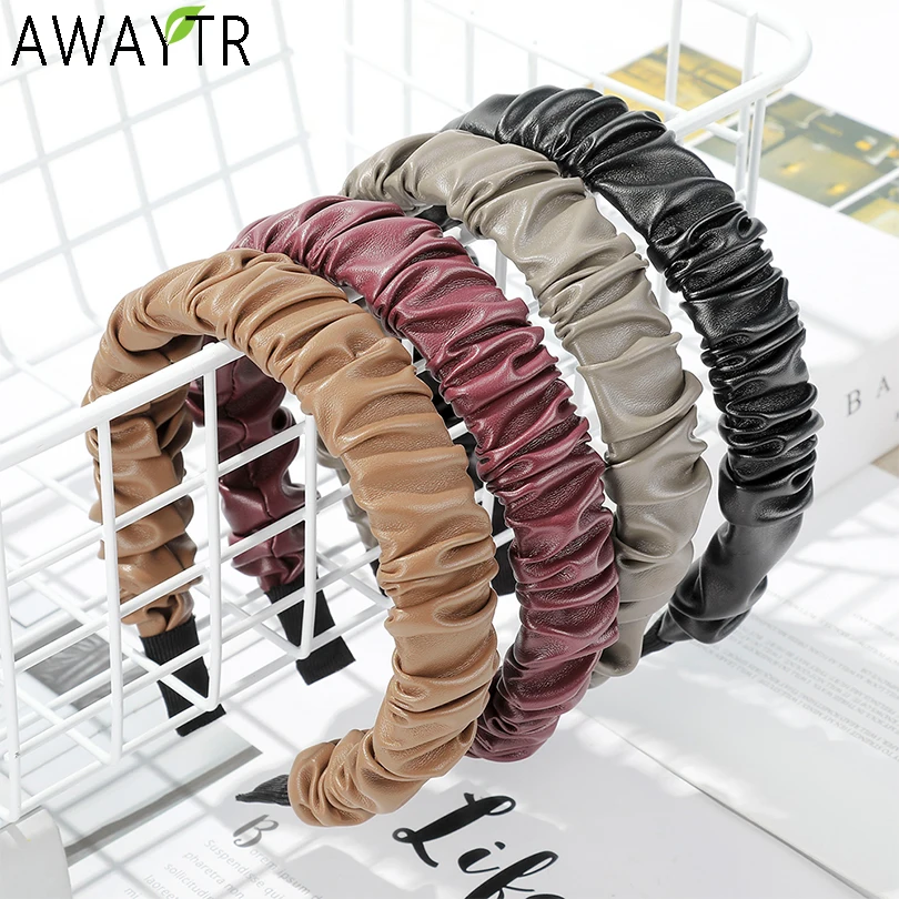 AWAYTR, искусственная кожа, лента для волос, однотонный цвет, повязка на голову, Богемия, широкий обруч для волос для девочек, ободок, высокая текстура, аксессуары для волос для женщин