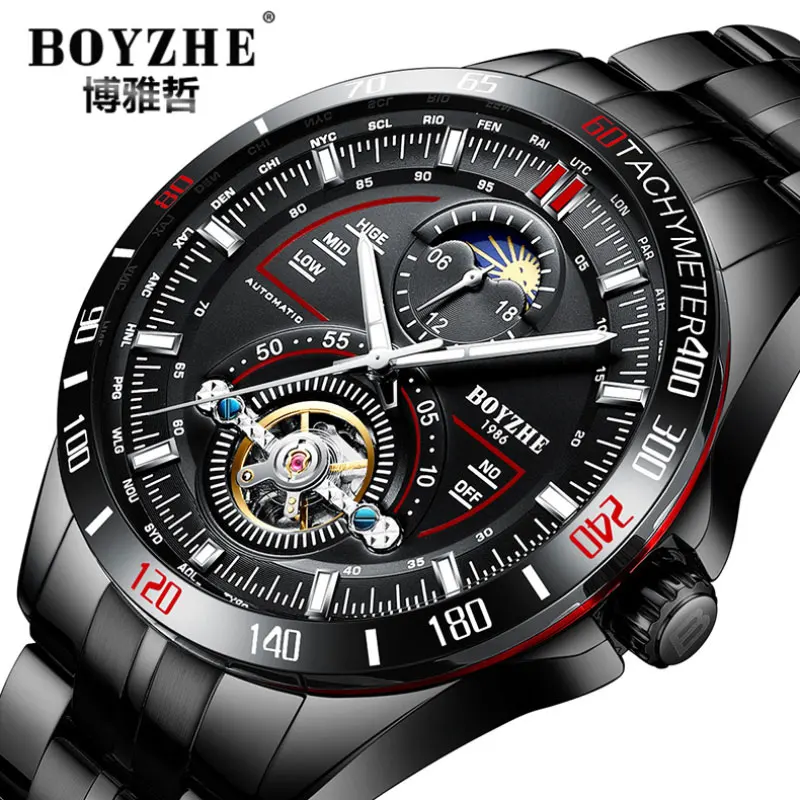 

New Automatic Mechanical Watch Men Tourbillon Watch Man Hollow Watches Male Stainless Steel Waterproof Clock Moon Phase 24 Hours