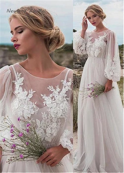

Hot 2020 Illusion Neck Wedding Dress Elegant Long Tulle Bride Dresses with Applique Beach Style Bridal Gown Custom Made