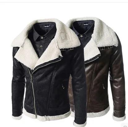 Oblique Zipper Berber Fleece Korean-style Men Slim Fit Highlord Leather Coat Youth Korean-style MEN'S Leather Coat