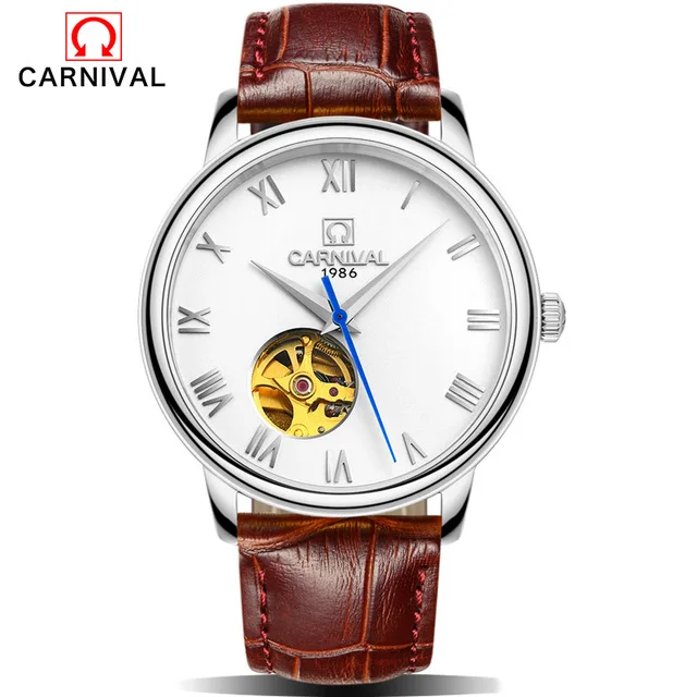 KARNEVAL myanner Mechanische Uhr GroE Dial luxusmarkengeschyaft mjanner Leder Uhren Uhr Armbanduhren Relogio Masculino Reloj - Цвет: Silber
