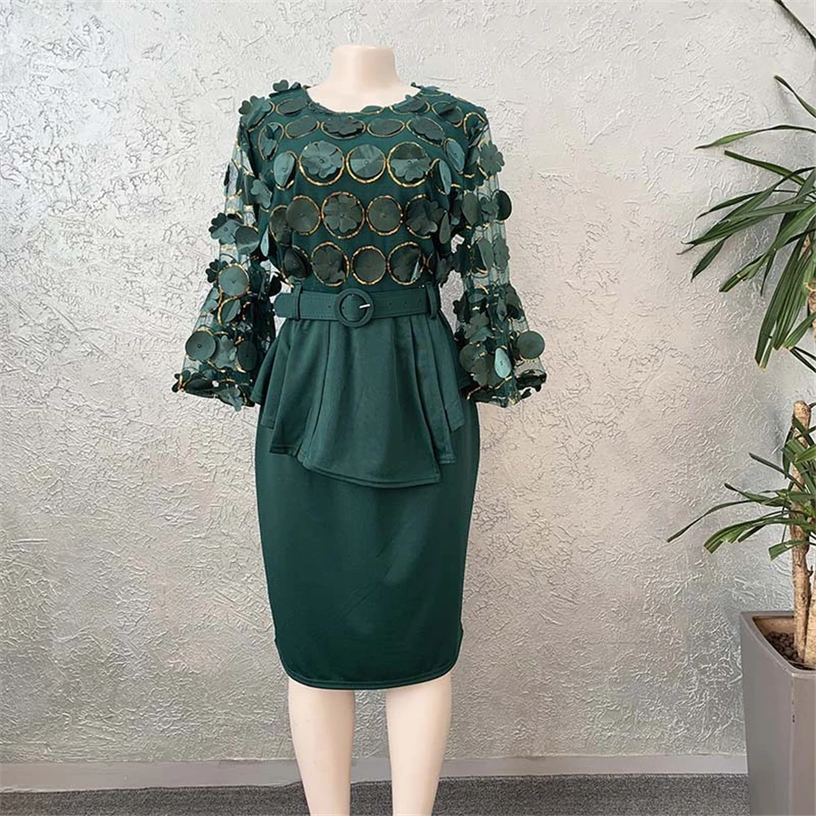 BAIBAZIN African Fashion Women's Embroidery Sequins Flower Flare Sleeve Middle Sleeve Top + Skirt Set