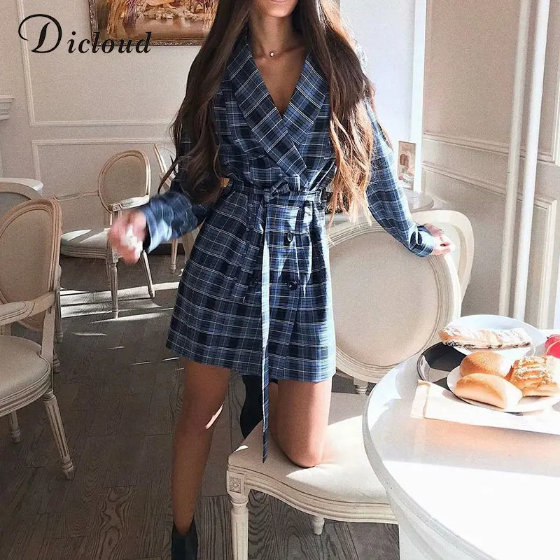 DICLOUD Casual Blue Plaid Blazer Dress Women Long Sleeve Autumn Winter Office Lady Outfit With Belt Sexy Streetwear Female - Цвет: Blue