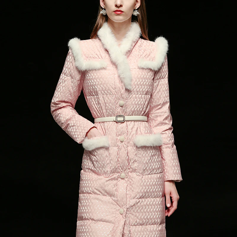 

Winter Women's Real Rabbit Fur Sticthing Long Fluffy Down Coat Female Was Thin Thick Warm Down Jacket Parkas With Belt F2511