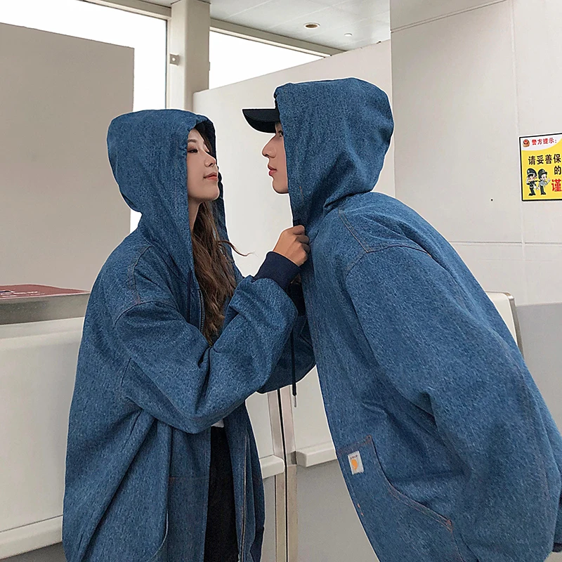 

Autumn new lapel loose hooded couple tooling tooling denim jacket