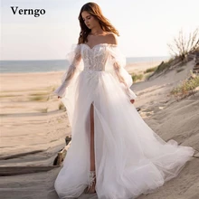 

Verngo Fairy A Line Wedding Dress Off the Shoulder Long Sleeves Lace Applique Tulle Romantic Country Bridal Gowns Sweep Train