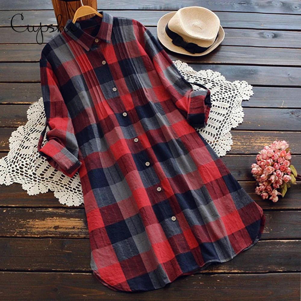 CUPSHE Women Plaid Print Mini Dress Long Sleeve Front Pockets Casual V neck Buttoned Blouse Blusas Top Spring Autumn Shirt Dress