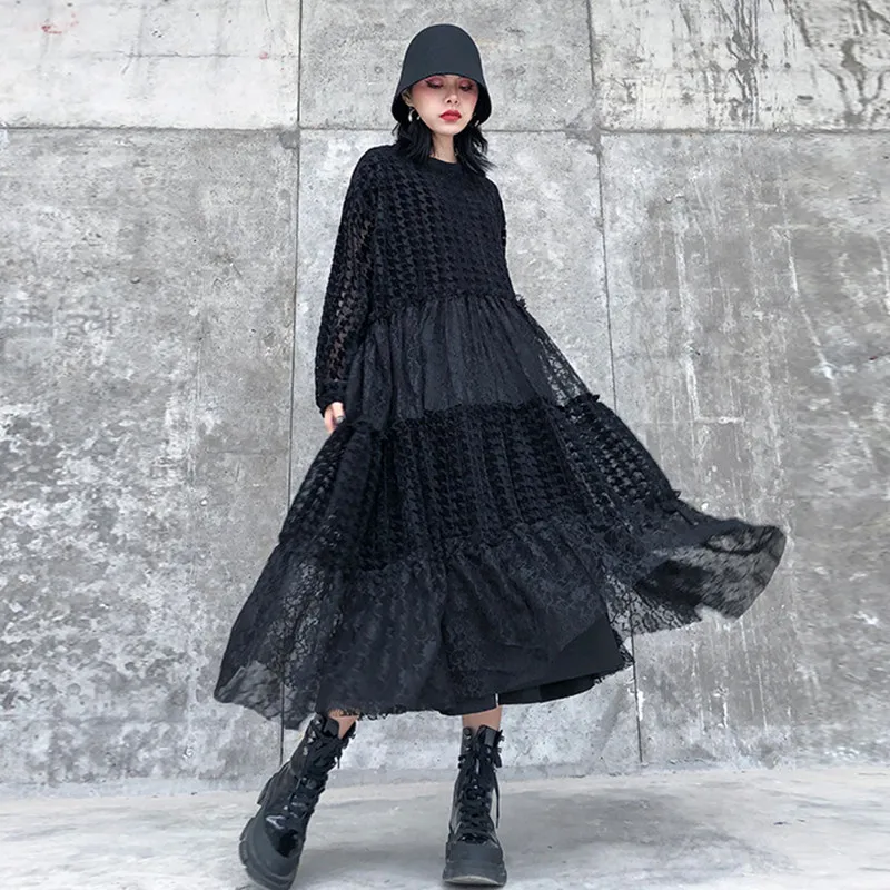 

Johnature 2020 Spring Fashion Streetwear Lace Patchwork Dresses Women New Solid Color Loose Solid Color A-Line Female Dress