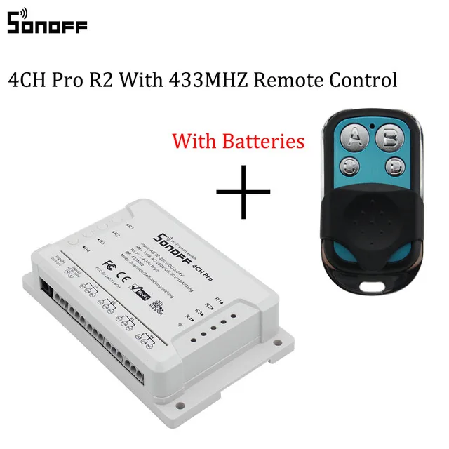 Itead SONOFF 4CH PRO R2 Wi-Fi 4 позиционный светильник с таймером 433 МГц Умный домашний переключатель 4 канала беспроводной пульт дистанционного управления релейный модуль - Комплект: 4CHPROR2 With RC