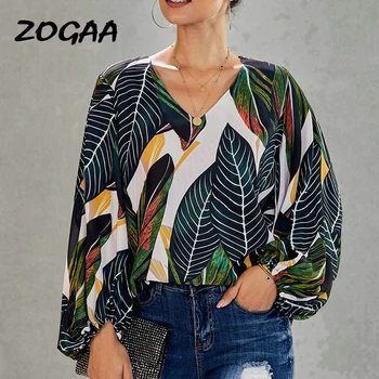 

ZOGAA Blouses and Tops Women Floral V Neck Chiffon Blouse Female Fashion Elegant Lantern Sleeve Shirts Plus Size S-3XL Blusas