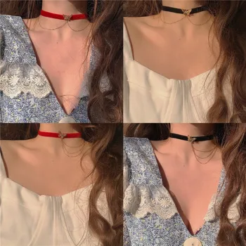 

2020 Kpop Vintage Goth Velvet Black Choker Gold Double Chain Butterfly Pendant Aesthetic Short Necklace For Women Egirl Jewelry