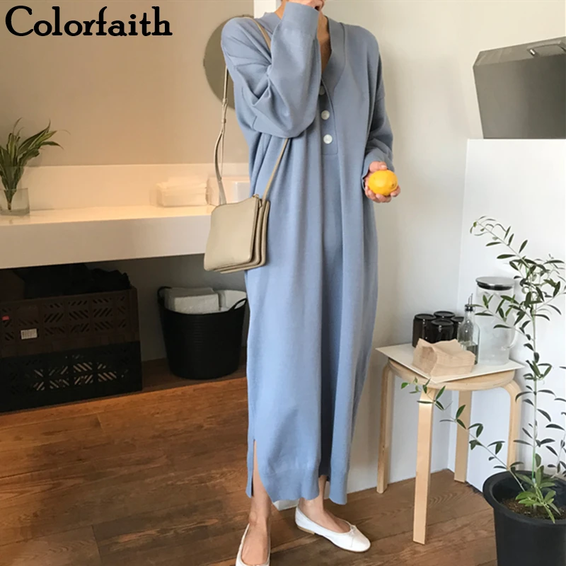 Colorfaith Новинка 2019 осень зима женские платья с пуговицами прямые модные прерия шик