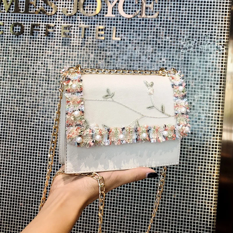 

new Lace Flowers Women bag 2019 handbag High quality PU Leather Sweet Girl Square bag Flower Pearl Chain Shoulder Messenger Bag