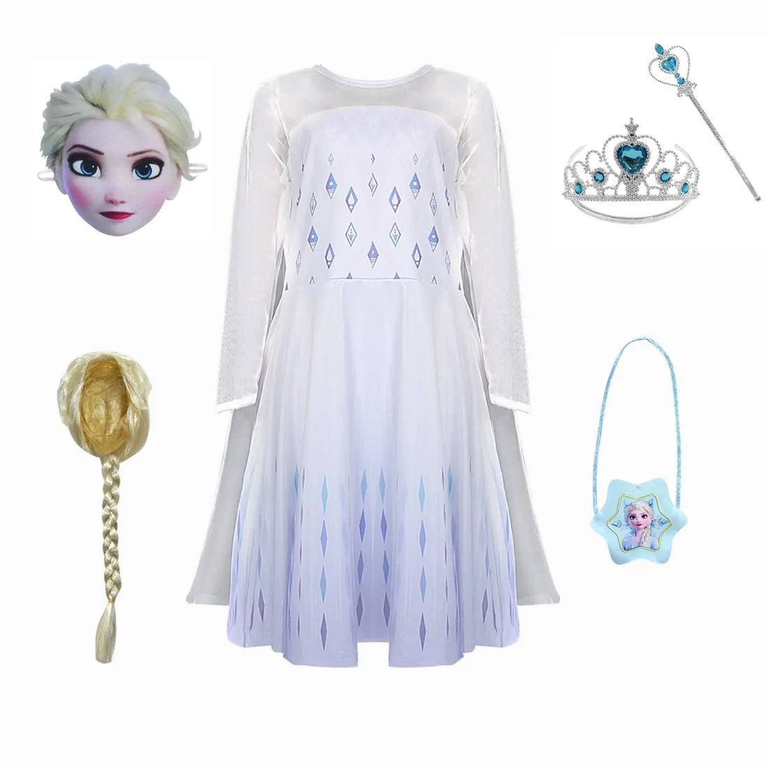 

New Girl Frozen 2 Princess Aisha Dress Cosplay Costume Party Performance Kids Princess clothes with crown, wig, mask