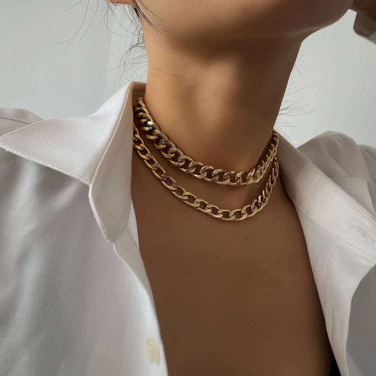 Hot Sale Choker Necklace Aluminium Chain Statement Jewelry Two-Layered Thick Link Collar Rock-Gold zOKNO1KJz